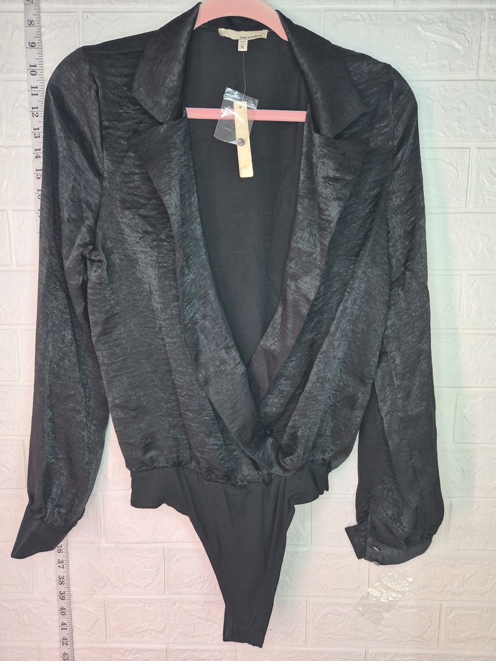 Black Shiny Blazer-Style Bodysuit June & Hudson Deep V-neck Wrap Front Size M